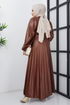 Knitwear Detailed Leather Dress ZNK4666 Brown - Thumbnail