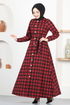 Knopf Details Kleid MSL1170 Bordeaux - Thumbnail