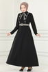 Knopf Details Kleid MSL187 Schwarz - Thumbnail