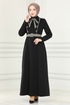 Knopf Details Kleid MSL187 Schwarz - Thumbnail