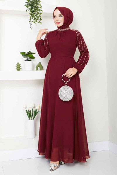 MRV L.P.N. - Kolları İşlemeli Abiye 6089LPN909-M Açık Bordo