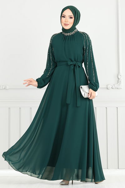 MRV L.P.N. - Kolları İşlemeli Abiye 6089LPN909-M Zümrüt - 356478