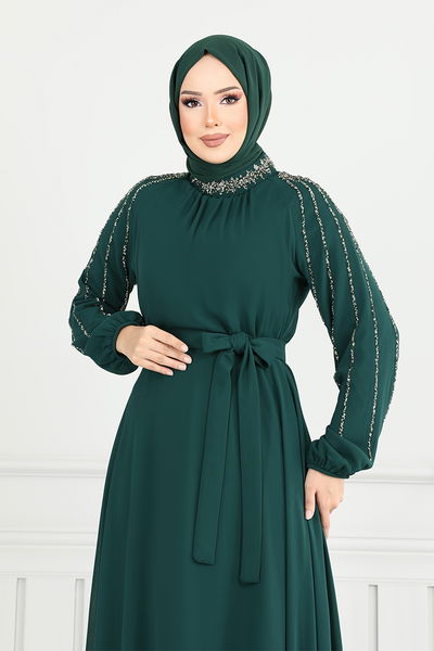 MRV L.P.N. - Kolları İşlemeli Abiye 6089LPN909-M Zümrüt - 356480