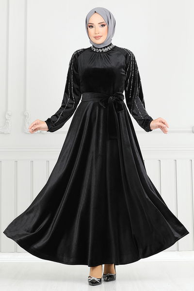 MRV E.F.Y. - Kolları Taşlı Kadife Abiye 2014EFY931-M Siyah