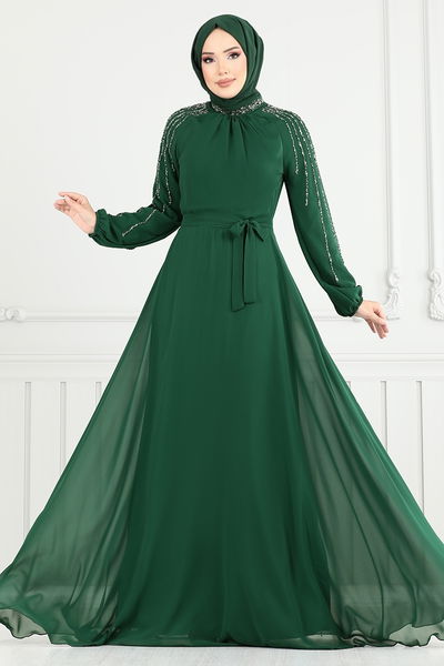 MRV A.N.T. - Kolları Taşlı Şifon Abiye 2420ANT904-M Zümrüt - 356517