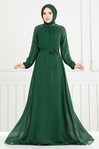 MRV A.N.T. - Kolları Taşlı Şifon Abiye 2420ANT904-M Zümrüt - 356518