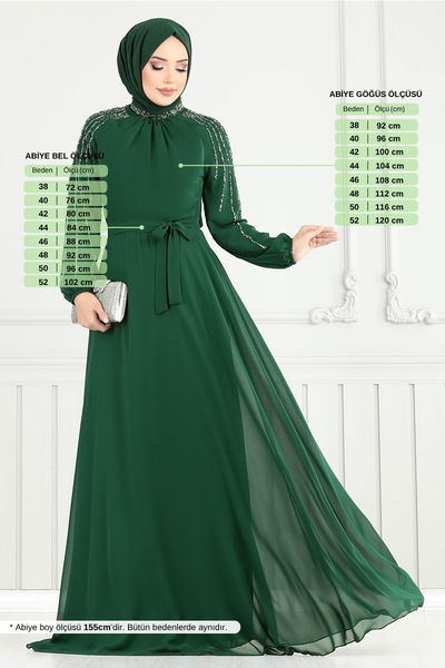 MRV A.N.T. - Kolları Taşlı Şifon Abiye 2420ANT904-M Zümrüt - 357482