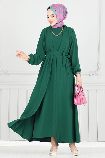 MRV B.G.S. - Kuşaklı Abaya Elbise Takım 0336BGS895-M Açık Zümrüt
