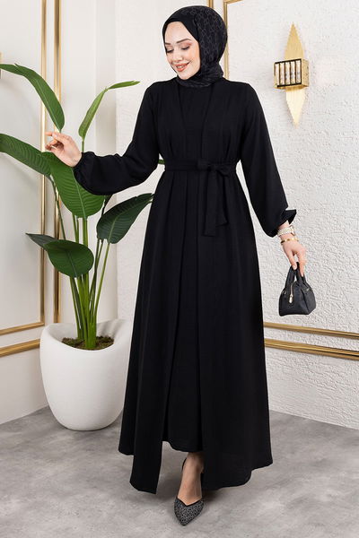 MRV B.G.S. - Kuşaklı Abaya Elbise Takım 0336BGS895-M Siyah