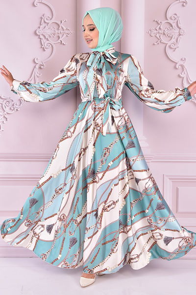 NEV - Kuşaklı Saten Elbise Mint NEV24897