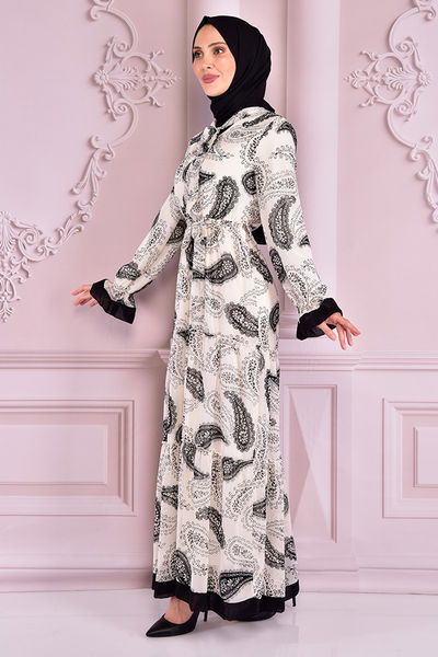 NEV - Kuşaklı Astarlı Şifon Elbise Beyaz NEV14860 - 292647