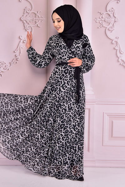 NEV - Kuşaklı Şifon Elbise Gri NEV24243