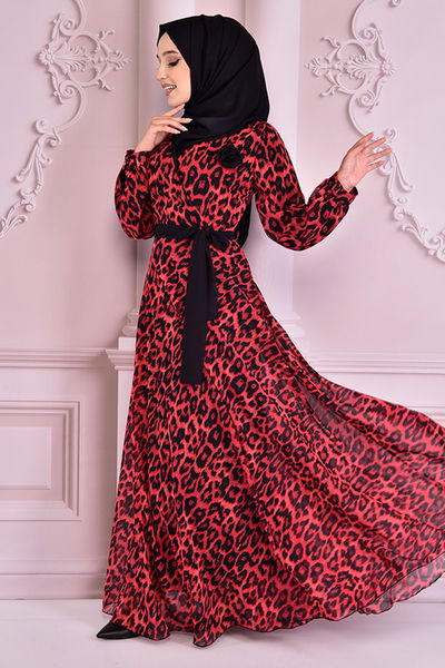 NEV - Kuşaklı Şifon Elbise Kırmızı NEV24243