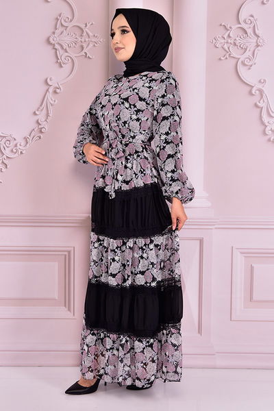 NEV - Kuşaklı Şifon Elbise Lila NEV14638