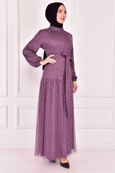 ASM - Kuşaklı Tül Elbise Lila ASM2444