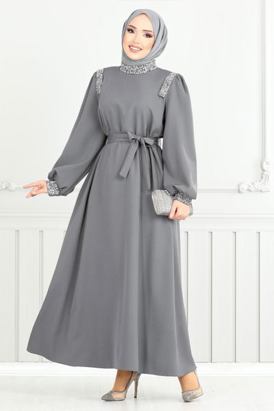 MRV E.N.D. - La Pierre Détaillé Hijab Robe de soirée 5656END900-L Anthracite