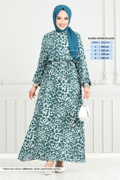 MRV O.Z.R. - Leopar Desen Viskon Elbise 803OZR1047-M Petrol - 351215