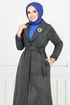 Line Detailed Long Coat 319EVO1065-M Black - Thumbnail