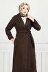 Line Detailed Long Coat 319EVO1065-M Coffee - Thumbnail