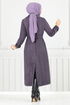 Line Detailed Long Coat 319EVO1065-M Dark Lilac - Thumbnail