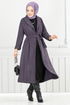 Line Detailed Long Coat 319EVO1065-M Dark Lilac - Thumbnail