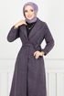 Line Detailed Long Coat 319EVO1065-M Dark Lilac - Thumbnail