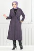 Line Detailed Long Coat 319EVO1065-M Dark Lilac - Thumbnail