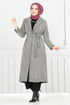 Line Detailed Long Coat 319EVO1065-M Ecru - Thumbnail