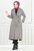 Line Detailed Long Coat 319EVO1065-M Ecru - Thumbnail