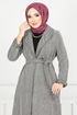 Line Detailed Long Coat 319EVO1065-M Ecru - Thumbnail