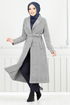 Line Detailed Long Coat 319EVO1065-M Open Grey - Thumbnail