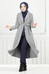 Line Detailed Long Coat 319EVO1065-M Open Grey - Thumbnail