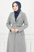 Line Detailed Long Coat 319EVO1065-M Open Grey - Thumbnail