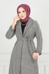 Line Detailed Long Coat 319EVO1065-M Stone - Thumbnail