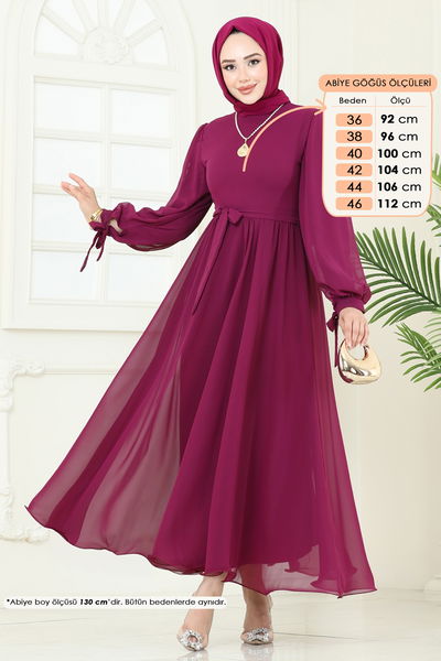 B.İ.S.S.K. - Manşeti Bağcıklı Abiye Elbise 6217BSK463-MS Fuşya - 370488