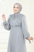 Manşeti Bağcıklı Organze Abiye 6220BSK463-MS Gri - Thumbnail