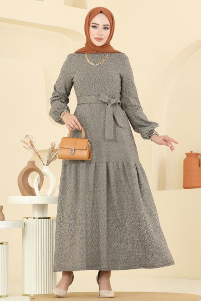 U.K.B. - Manşeti Lastikli Balıksırtı Elbise 24002UKB139-MS Vizyon