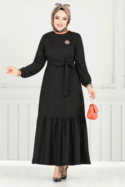 MRV D.V.L. - Manşeti Lastikli Bürümcük Elbise 423DVL897-M Siyah