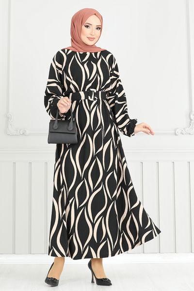 MRV T.G.E. - Manşeti Lastikli Desenli Elbise 4026TGE913-M Siyah - 348535