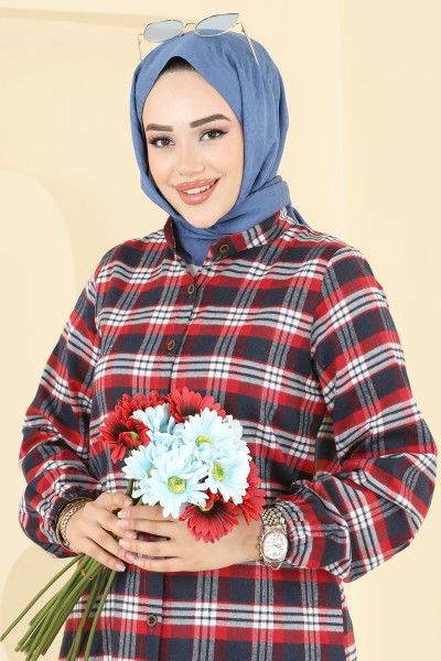 P.R.M. - Manşeti Lastikli Ekose Tunik 4123PM271-MS Kırmızı