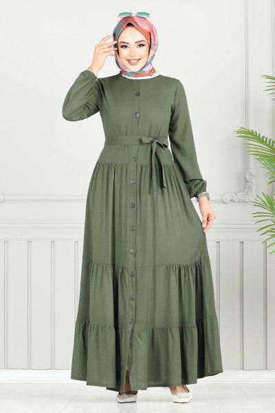 MRV B.G.S. - Manşeti Lastikli Viskon Elbise 1124BGS895-M Haki