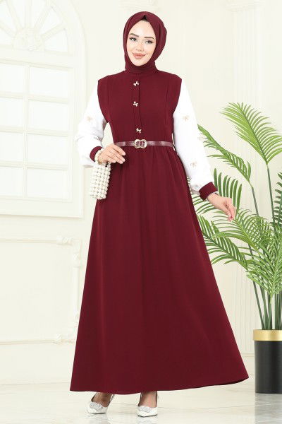 A.S.N. - Nakış Detaylı Krep Elbise 286ASN888-MS Bordo