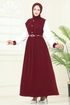 Nakış Detaylı Krep Elbise 286ASN888-MS Bordo - Thumbnail