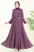 Nakış İşlemeli Şifon Elbise 8022AB368-MS Koyu Lila - Thumbnail