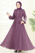 Nakış İşlemeli Şifon Elbise 8022AB368-MS Koyu Lila - Thumbnail