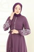 Nakış İşlemeli Şifon Elbise 8022AB368-MS Koyu Lila - Thumbnail