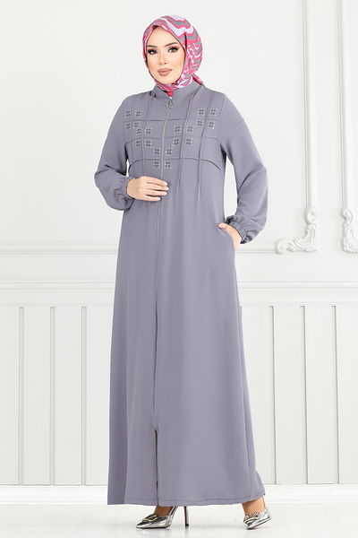 MRV D.V.L. - Nervür Detay Taşlı Ferace 355DVL897-M Açık Gri