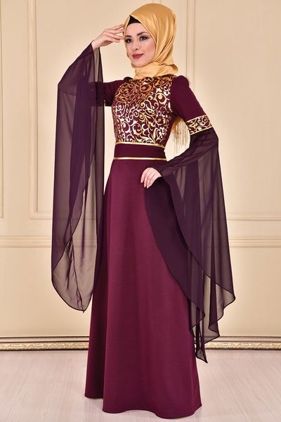 ASM - Gold Varaklı Abiye Elbise Mürdüm ASM2059