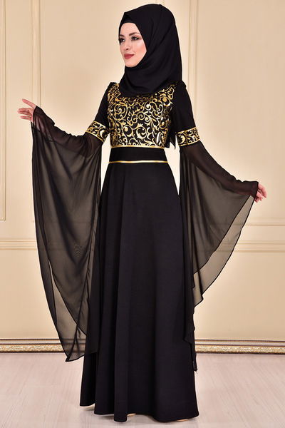 ASM - Gold Varaklı Abiye Elbise Siyah ASM2059