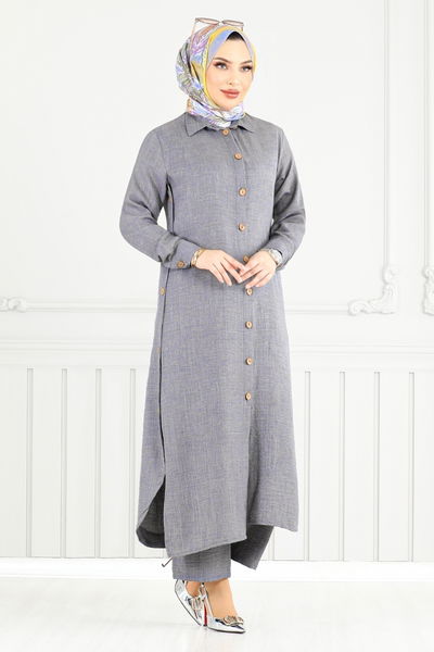 MRV O.Z.R. - Önden Düğmeli Keten Takım 833OZR1047-M Antrasit - 353911